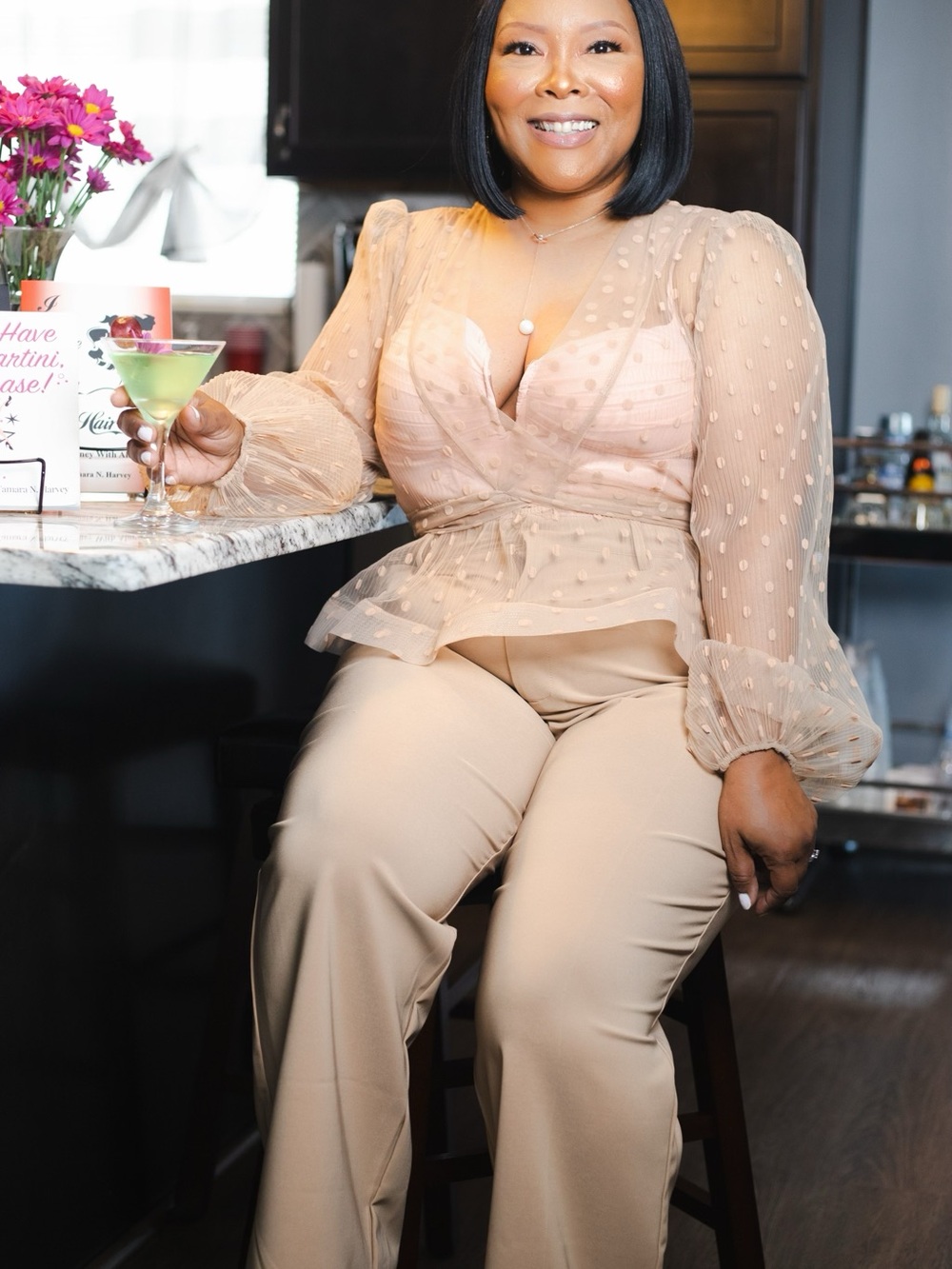 AKIRA Nude Sheer Polka Dot Tie-Waist Blouse